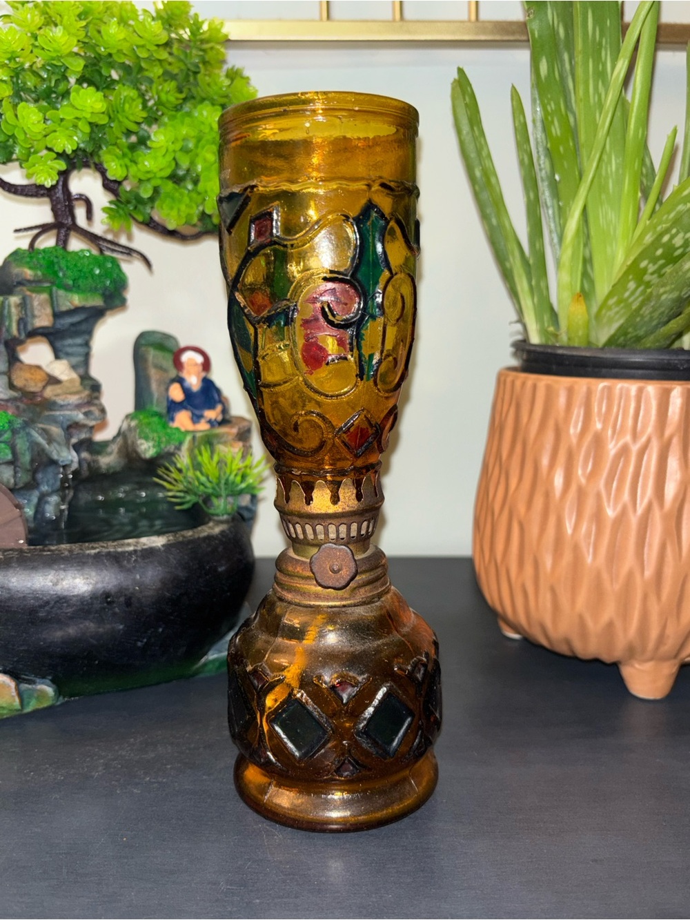 Amber Stained Glass Style Decorative  old antique oil lamp